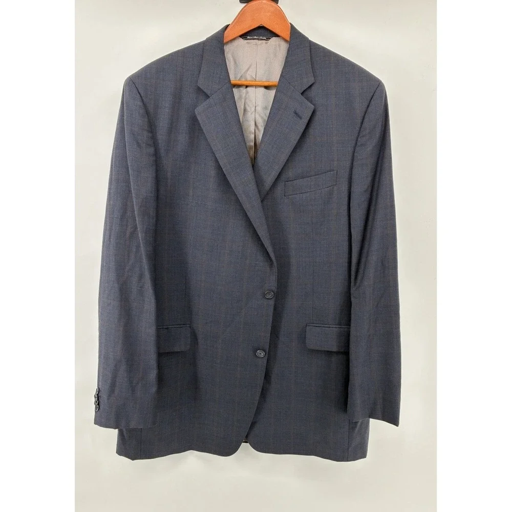 Jack Victor Super 110s Wool Suit Size 48XL Gray Windowpane Pleated Cuffs 42X34